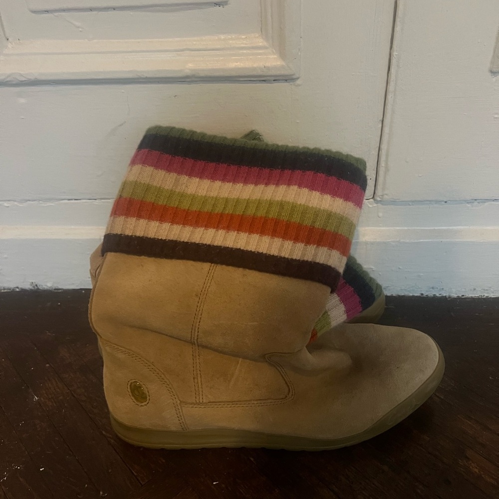 Coach Tan Suede Boots with Multicolor Stripes